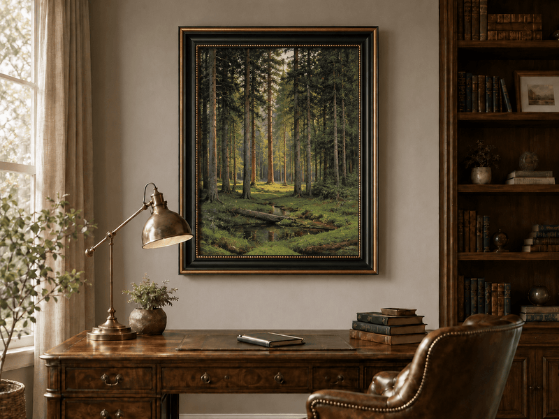 Peinture à l'huile de paysage - Scène de forêt avec personnages au bord de l'eau