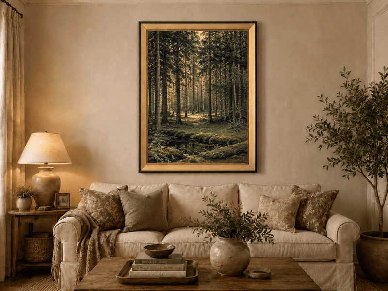 Peinture à l'huile de paysage - Scène de forêt avec personnages au bord de l'eau