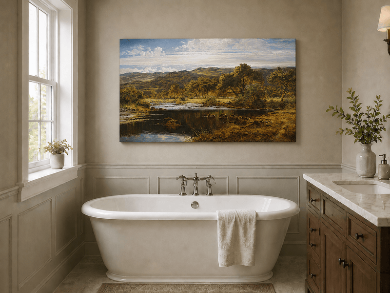 Landscape Oil Painting - Sunlit River and Highland Meadow View