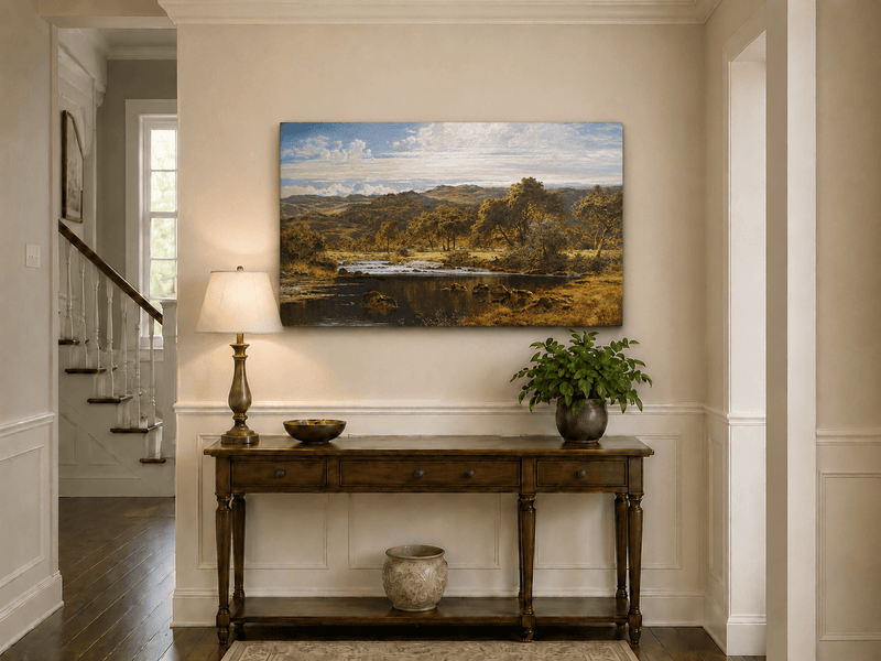 Landscape Oil Painting - Sunlit River and Highland Meadow View