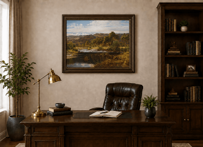 Landscape Oil Painting - Sunlit River and Highland Meadow View