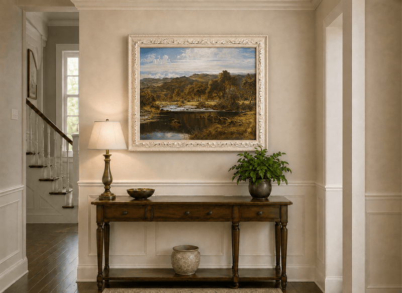 Landscape Oil Painting - Sunlit River and Highland Meadow View