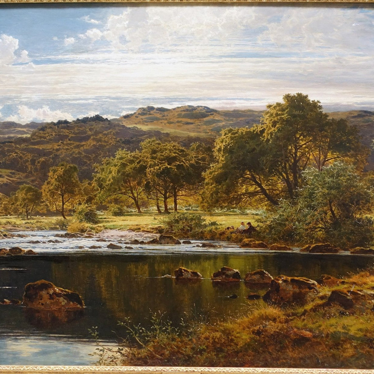 Hand-painted sunlit river and highland meadow view landscape oil painting on canvas