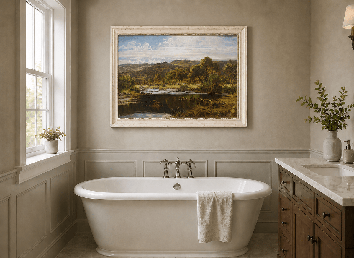 Landscape Oil Painting - Sunlit River and Highland Meadow View
