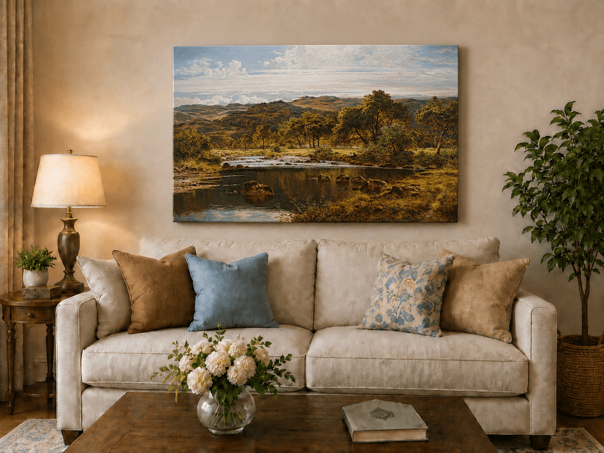 Landscape Oil Painting - Sunlit River and Highland Meadow View