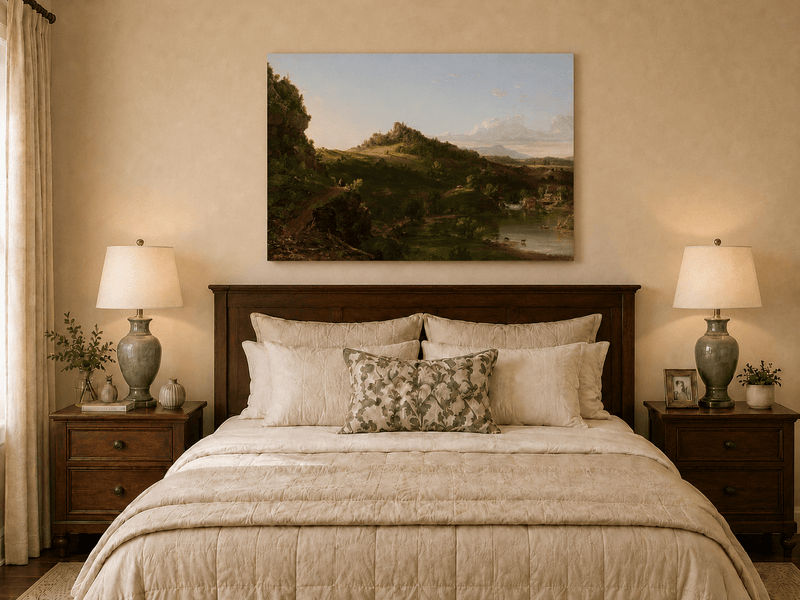 Landscape Oil Painting - Sunlit River Valley and Rolling Hills