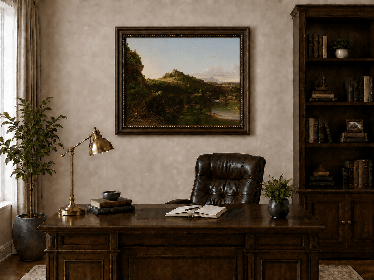 Landscape Oil Painting - Sunlit River Valley and Rolling Hills