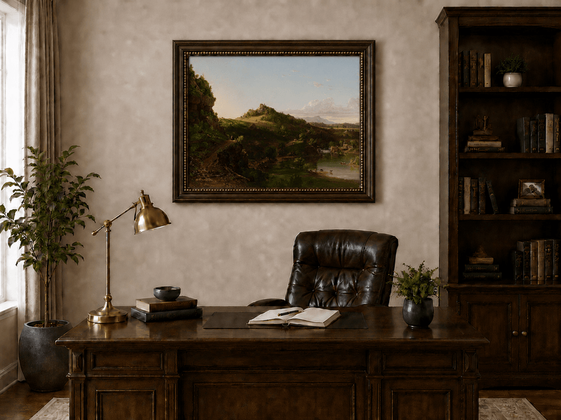 Landscape Oil Painting - Sunlit River Valley and Rolling Hills