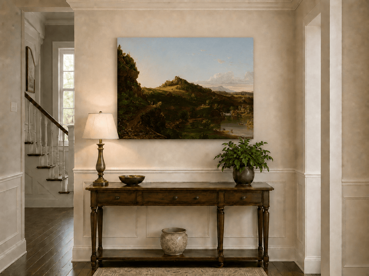 Landscape Oil Painting - Sunlit River Valley and Rolling Hills