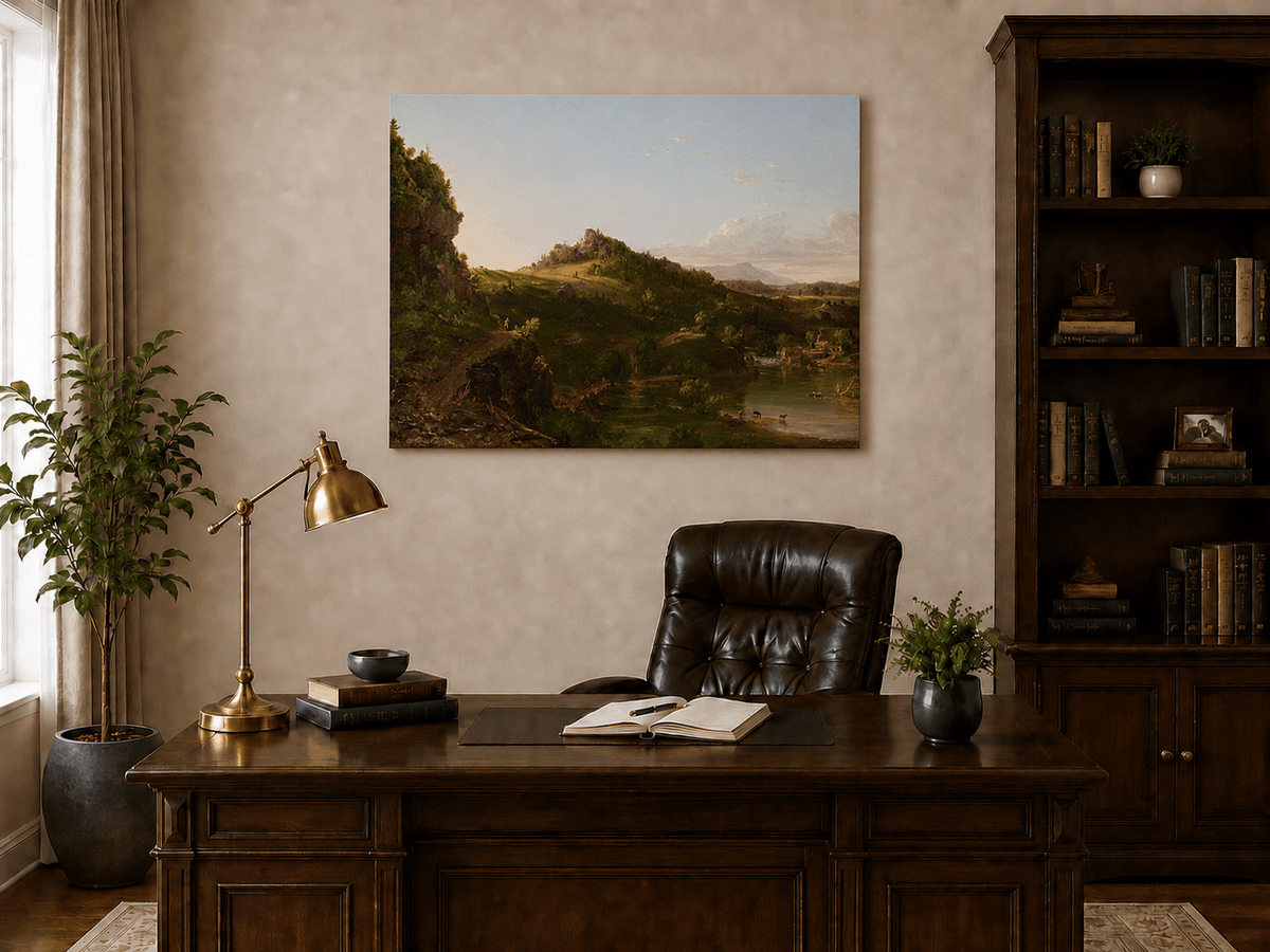 Landscape Oil Painting - Sunlit River Valley and Rolling Hills