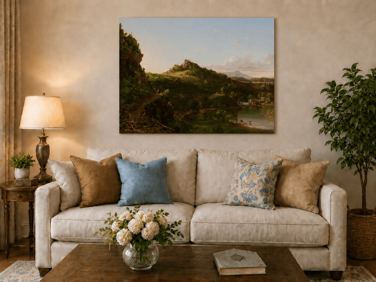 Landscape Oil Painting - Sunlit River Valley and Rolling Hills