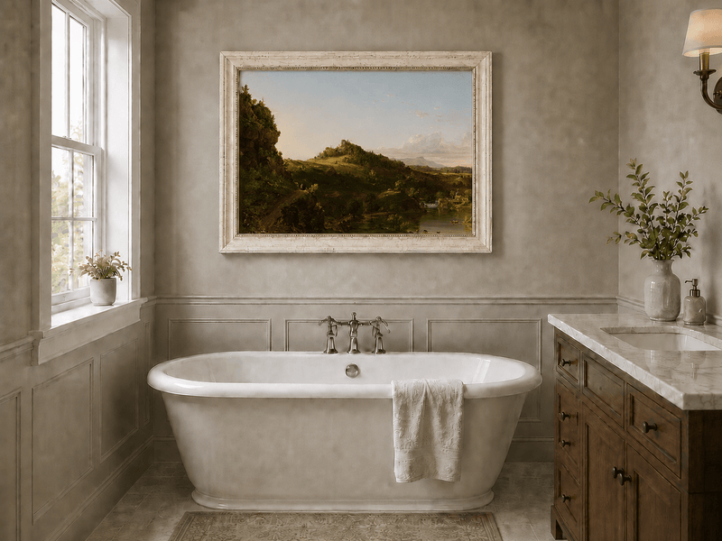 Landscape Oil Painting - Sunlit River Valley and Rolling Hills