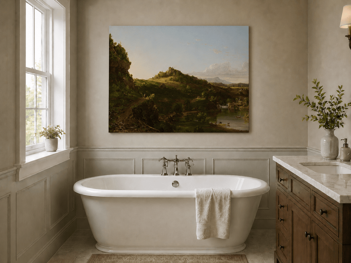 Landscape Oil Painting - Sunlit River Valley and Rolling Hills