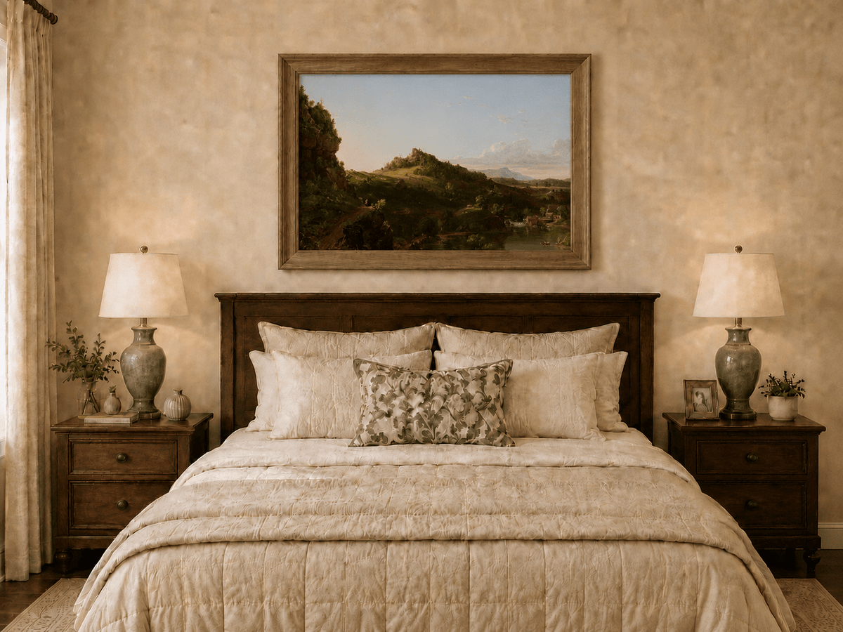 Landscape Oil Painting - Sunlit River Valley and Rolling Hills