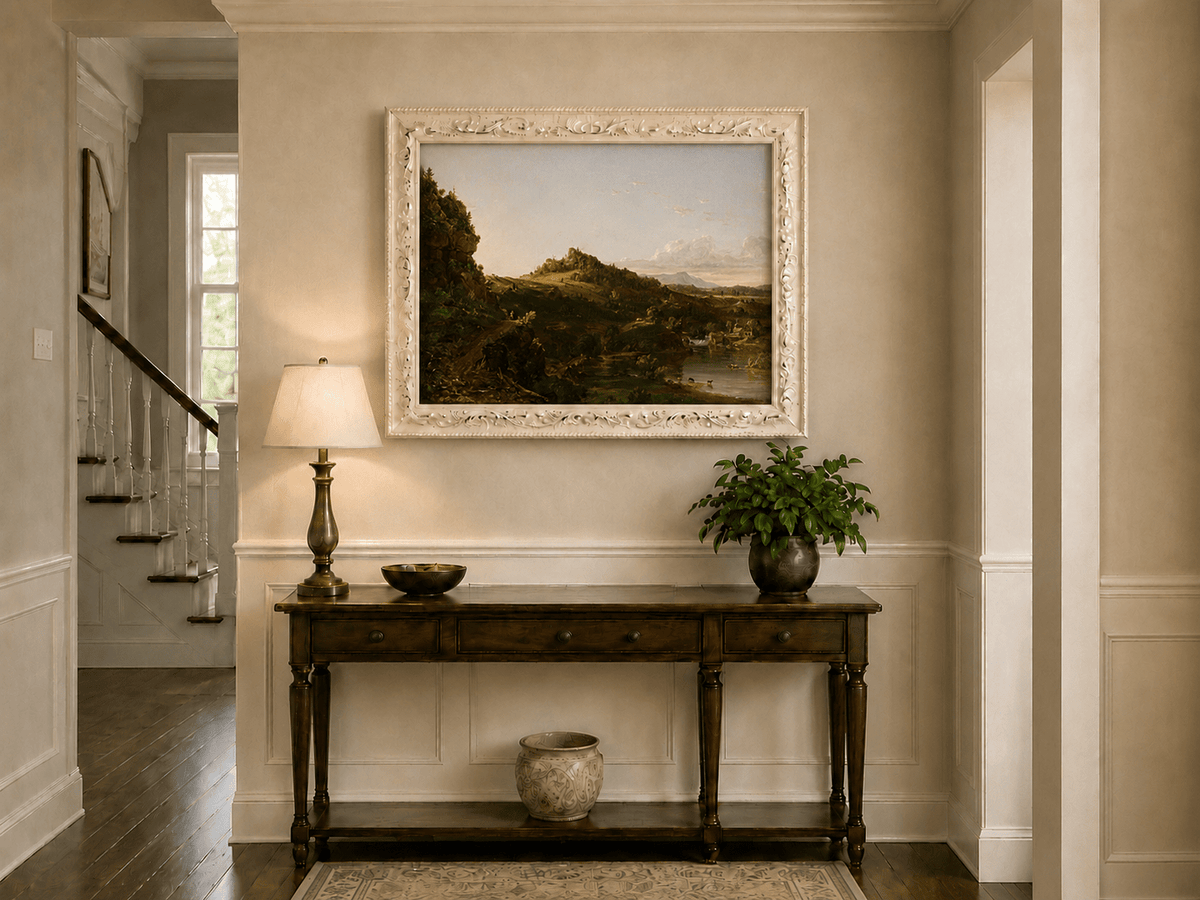 Landscape Oil Painting - Sunlit River Valley and Rolling Hills