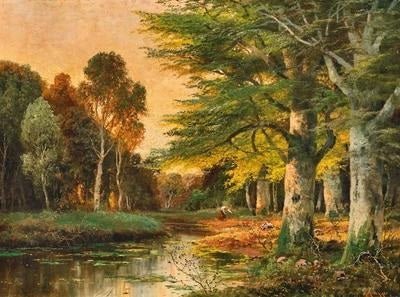 Hand-painted sunlit riverside grove at sunset landscape oil painting on canvas