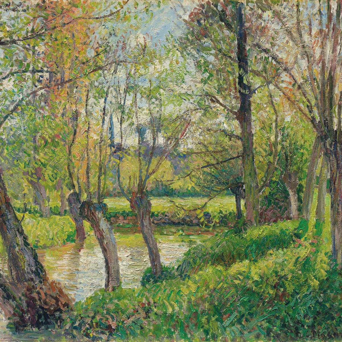 Landscape Oil Painting - Sunlit Riverside Grove in Spring - Oil Painting Haven