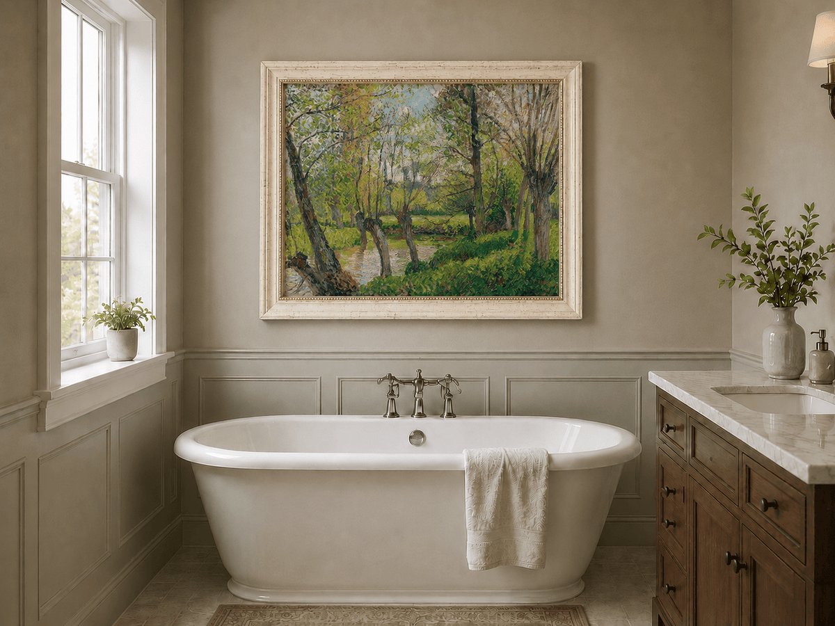 Landscape Oil Painting - Sunlit Riverside Grove in Spring