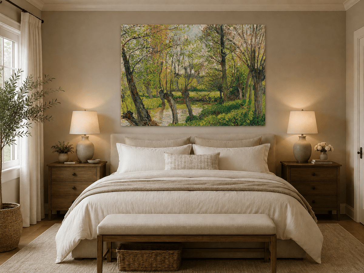 Landscape Oil Painting - Sunlit Riverside Grove in Spring