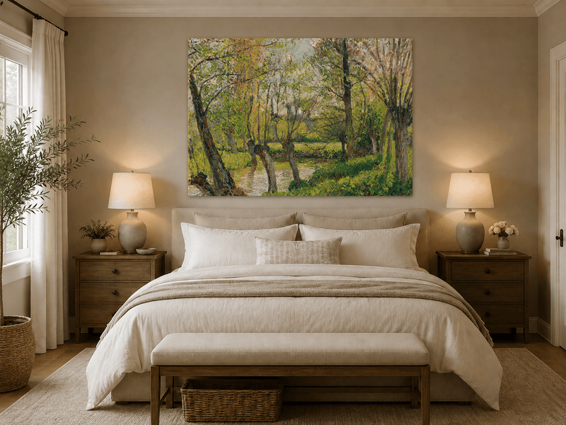 Landscape Oil Painting - Sunlit Riverside Grove in Spring