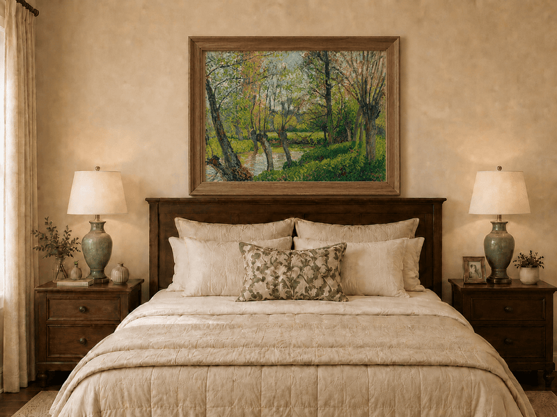 Landscape Oil Painting - Sunlit Riverside Grove in Spring