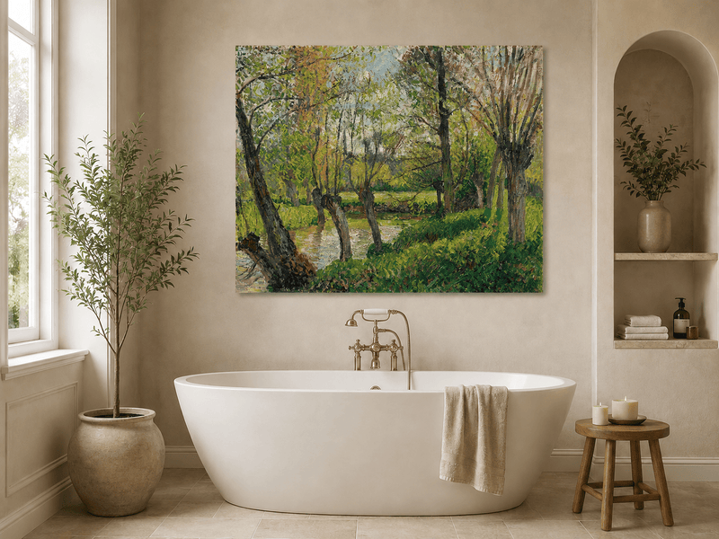 Landscape Oil Painting - Sunlit Riverside Grove in Spring