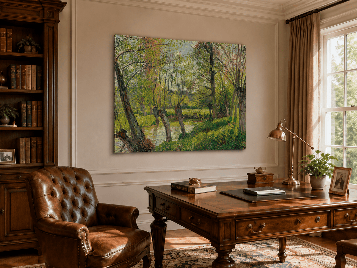 Landscape Oil Painting - Sunlit Riverside Grove in Spring