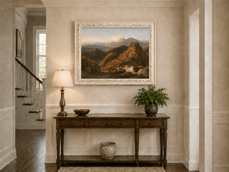 Landscape Oil Painting - Sunlit Rocky Hills and Distant Mountains