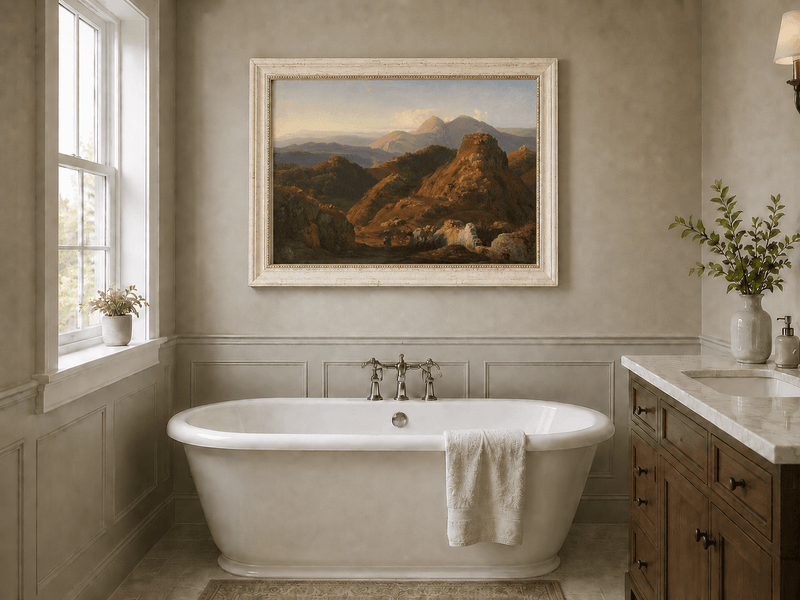 Landscape Oil Painting - Sunlit Rocky Hills and Distant Mountains