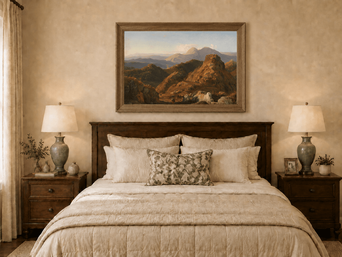 Landscape Oil Painting - Sunlit Rocky Hills and Distant Mountains