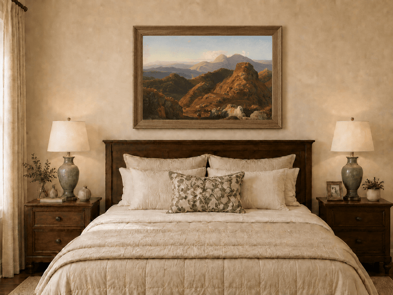 Landscape Oil Painting - Sunlit Rocky Hills and Distant Mountains