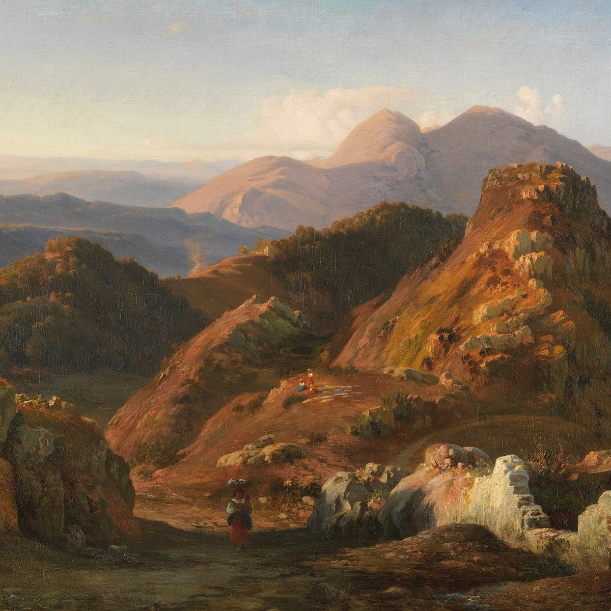 Hand-painted sunlit rocky hills and distant mountains landscape oil painting on canvas