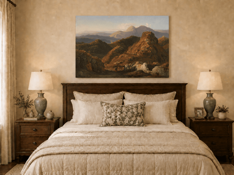 Landscape Oil Painting - Sunlit Rocky Hills and Distant Mountains
