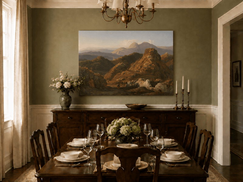 Landscape Oil Painting - Sunlit Rocky Hills and Distant Mountains