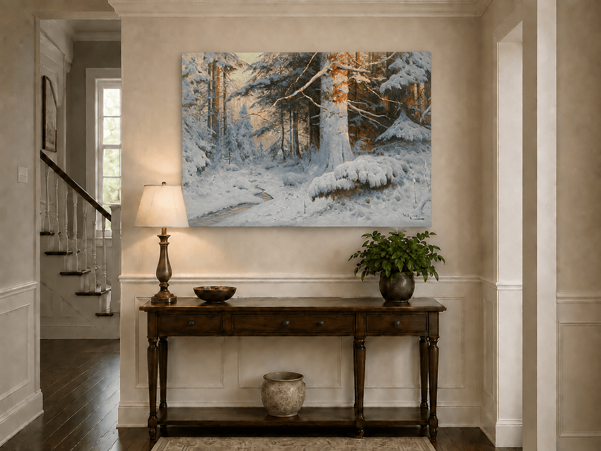 Peinture à l'huile de paysage - Scène de rivière hivernale avec personnages et chevaux