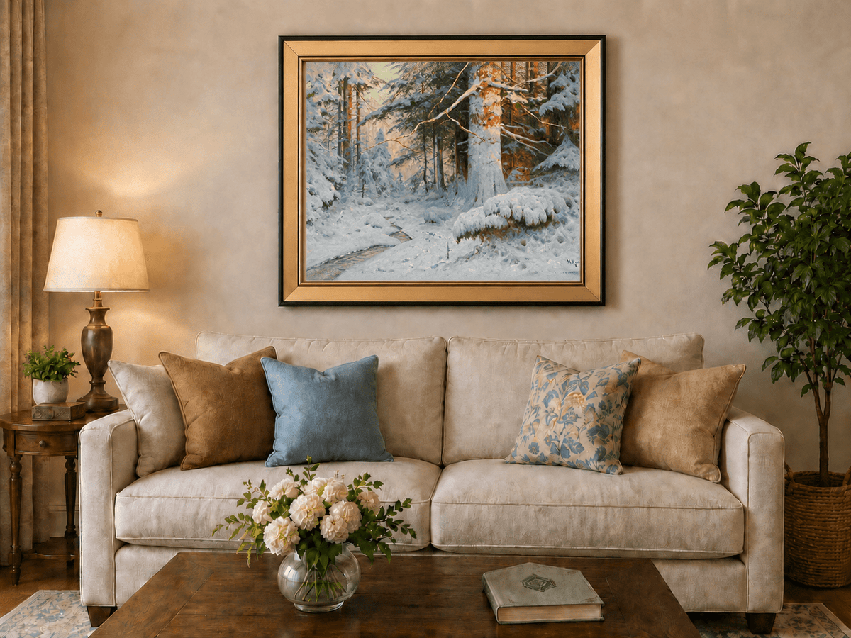 Peinture à l'huile de paysage - Scène de rivière hivernale avec personnages et chevaux