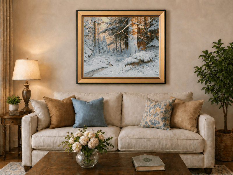 Peinture à l'huile de paysage - Scène de rivière hivernale avec personnages et chevaux