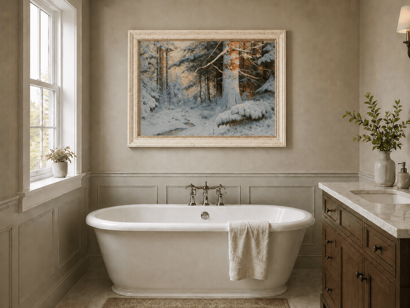Peinture à l'huile de paysage - Scène de rivière hivernale avec personnages et chevaux