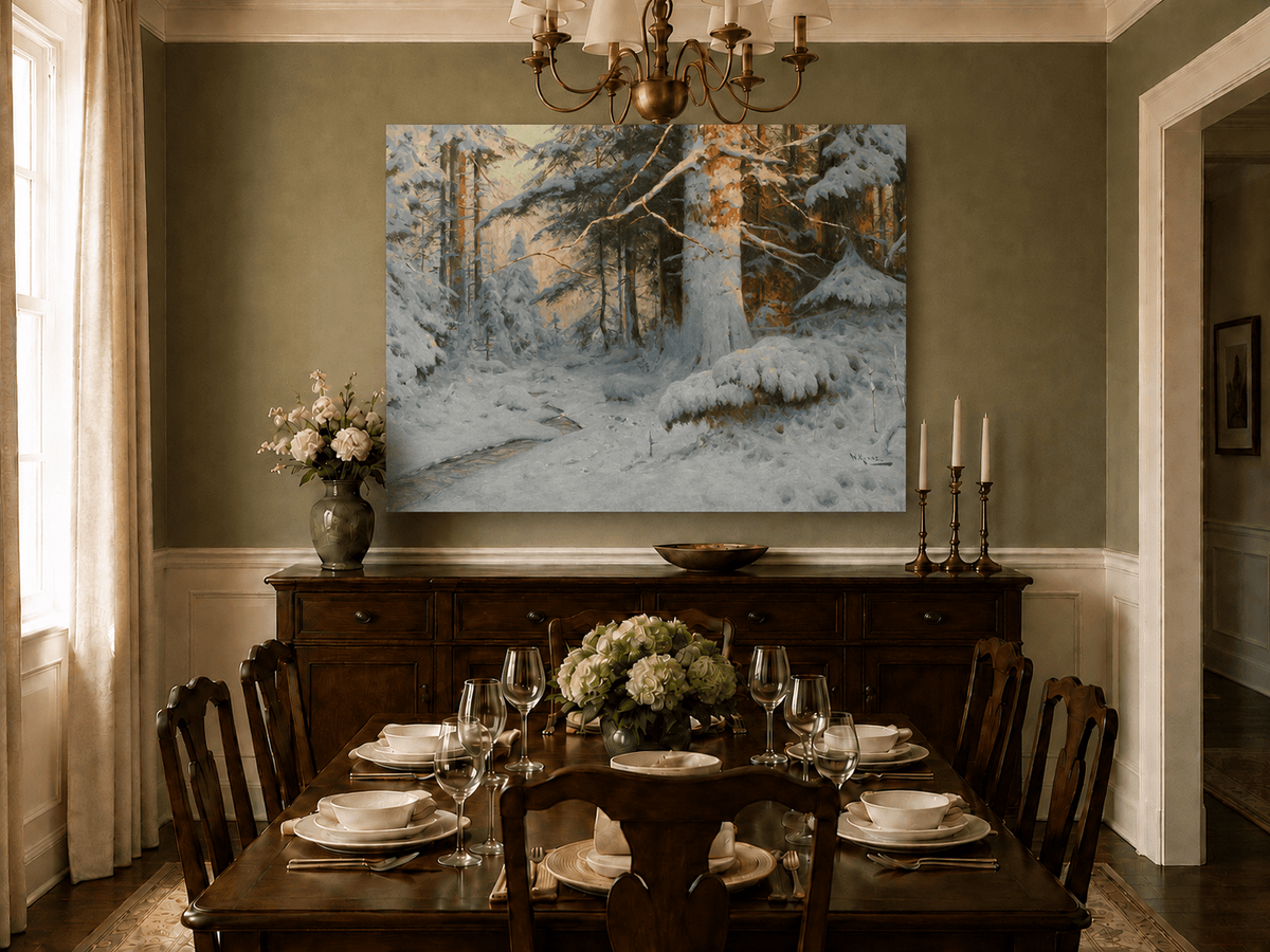 Peinture à l'huile de paysage - Scène de rivière hivernale avec personnages et chevaux
