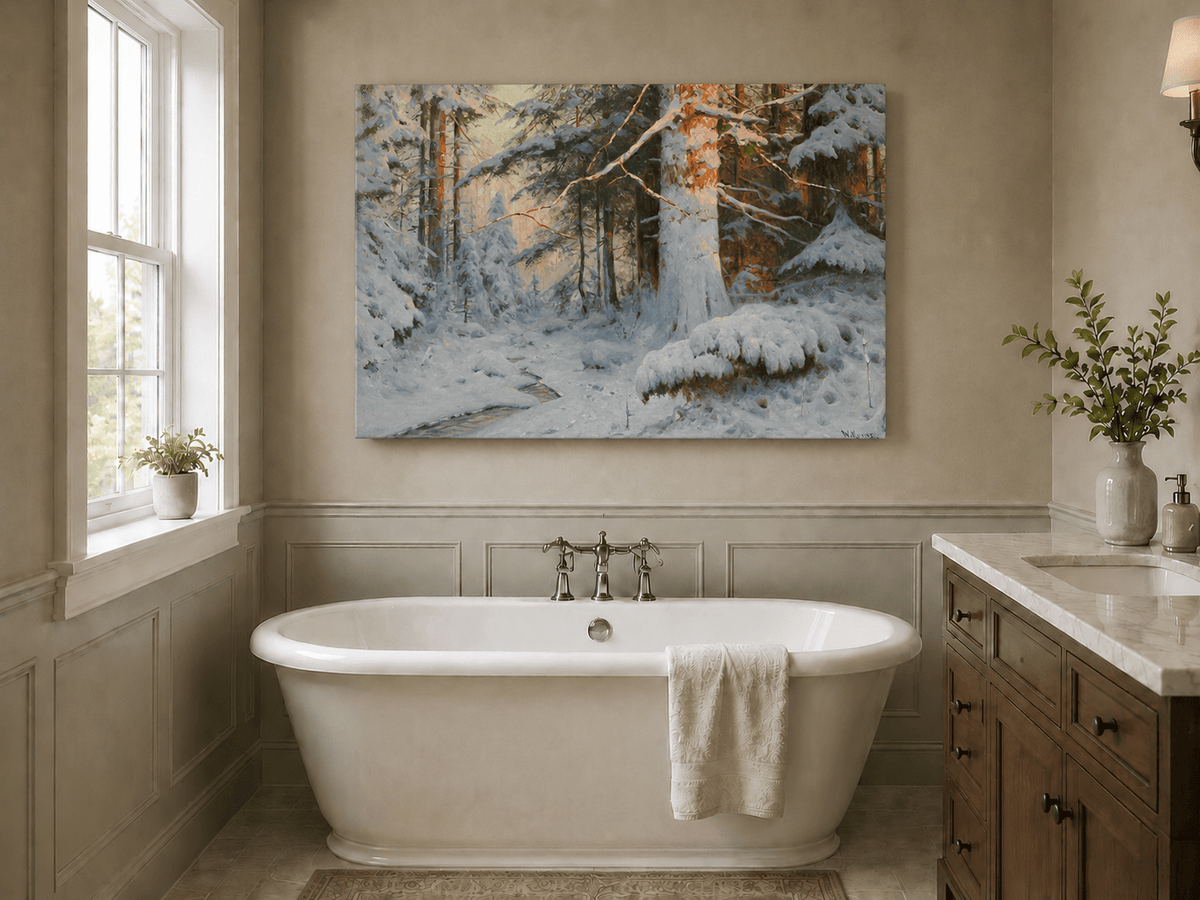 Peinture à l'huile de paysage - Scène de rivière hivernale avec personnages et chevaux