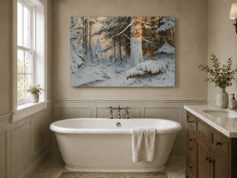 Peinture à l'huile de paysage - Scène de rivière hivernale avec personnages et chevaux