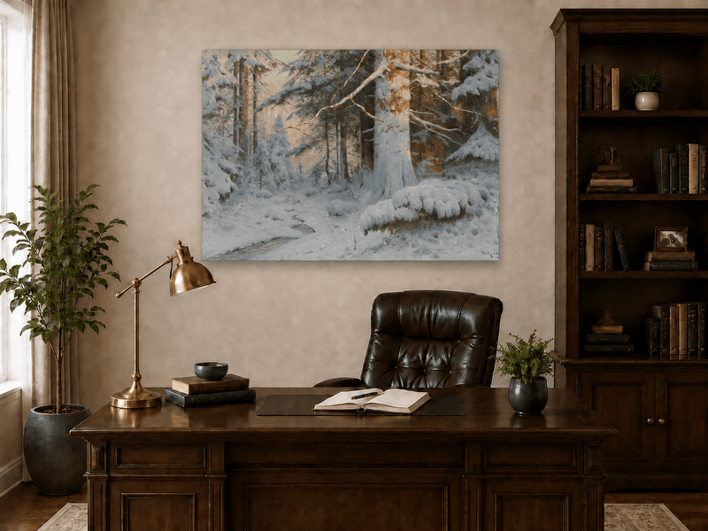 Peinture à l'huile de paysage - Scène de rivière hivernale avec personnages et chevaux