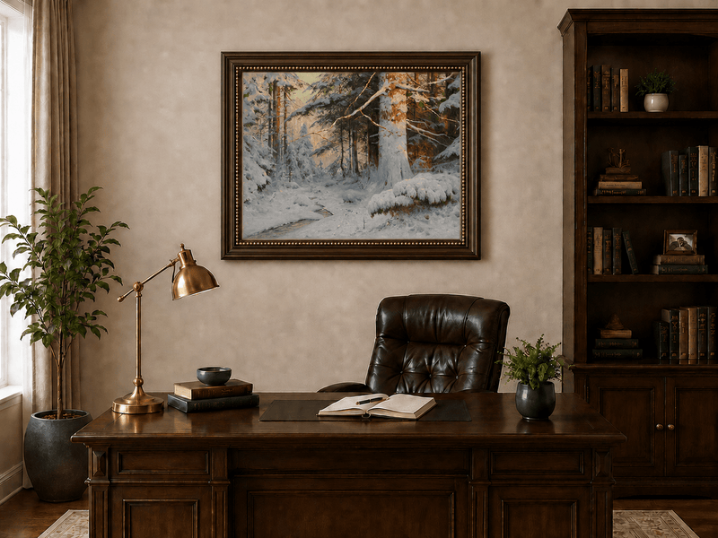 Peinture à l'huile de paysage - Scène de rivière hivernale avec personnages et chevaux