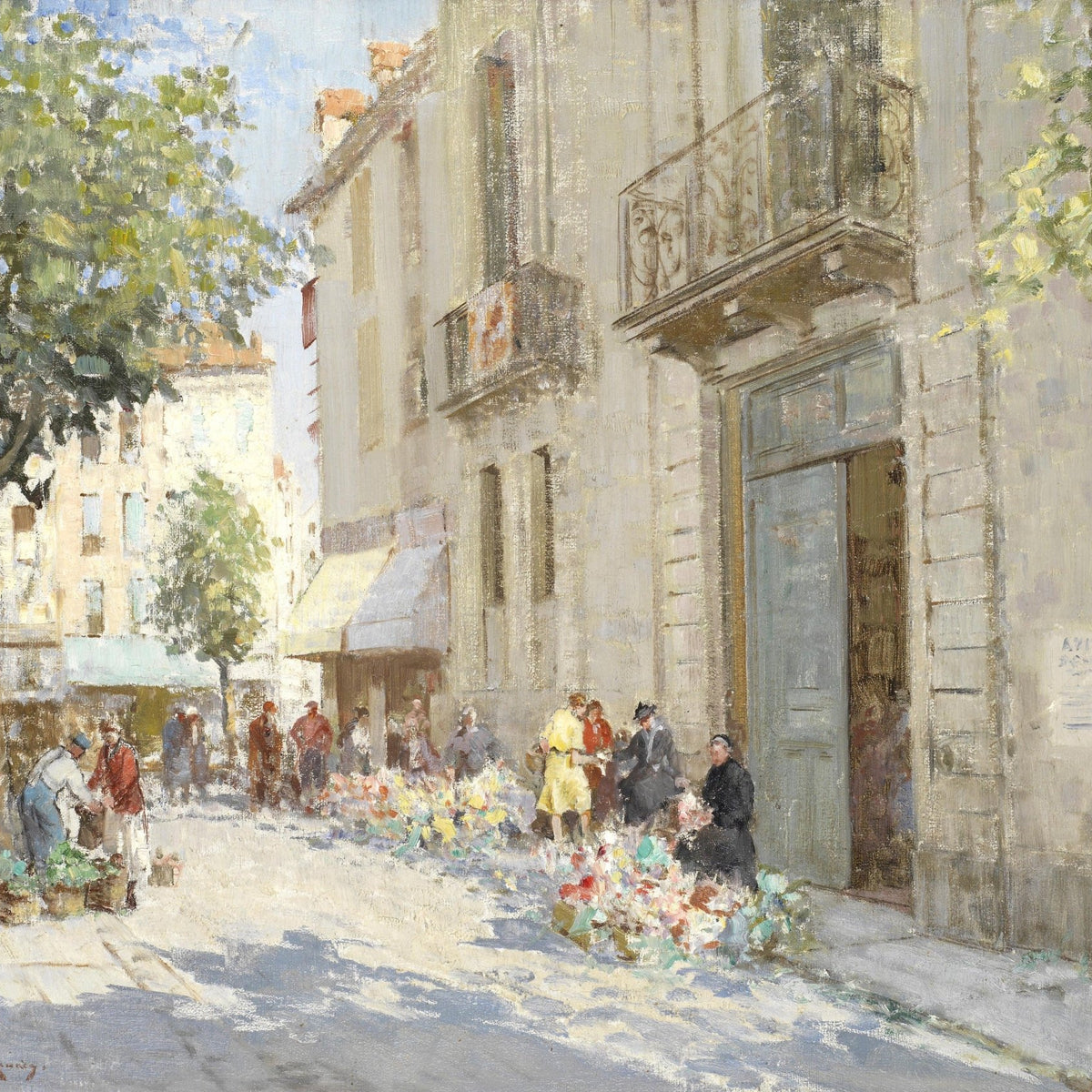 Hand-painted sunlit street market with flower sellers landscape oil painting on canvas