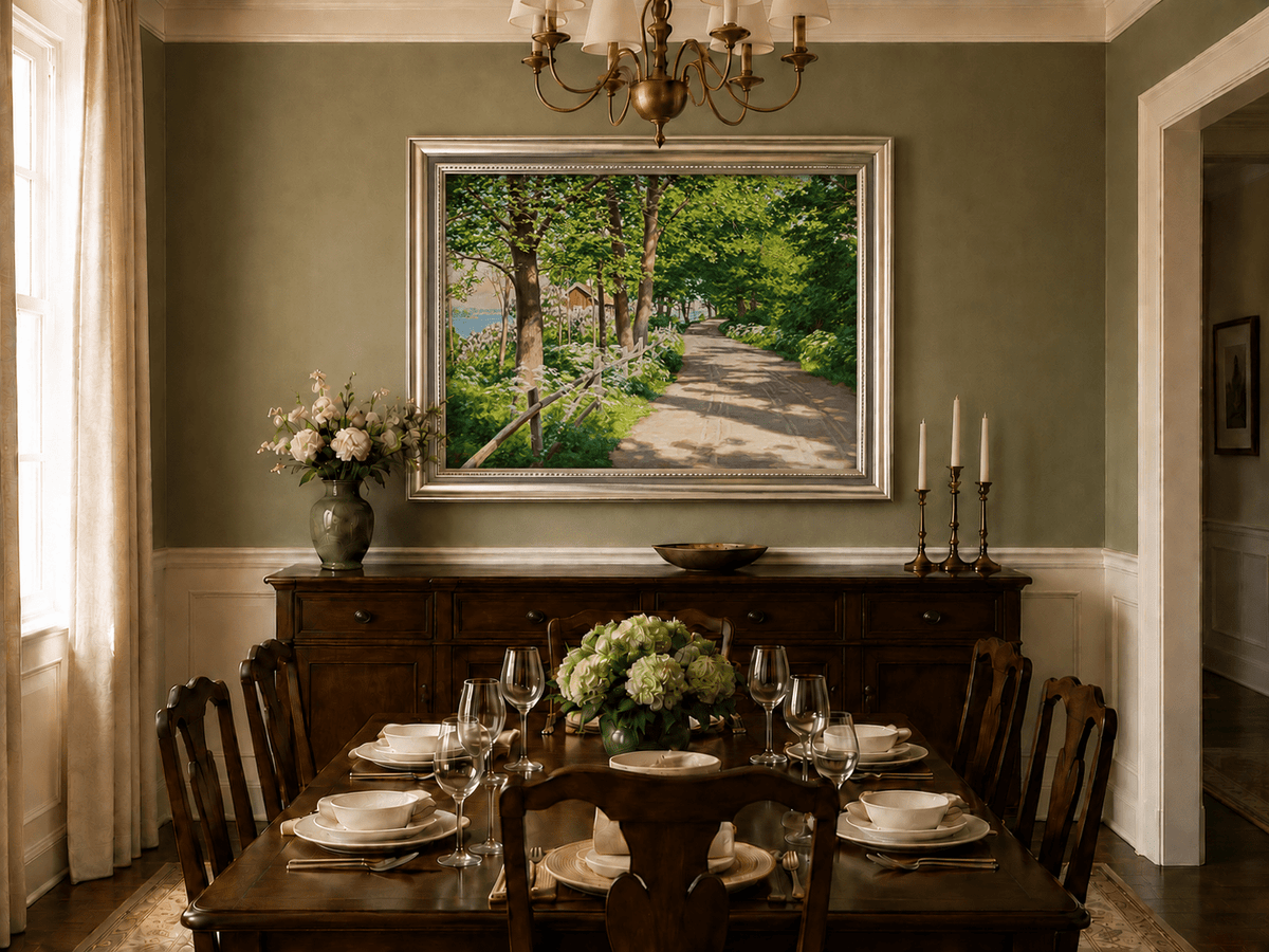 Landscape Oil Painting - Sunlit Tree-Lined Path by the Lake