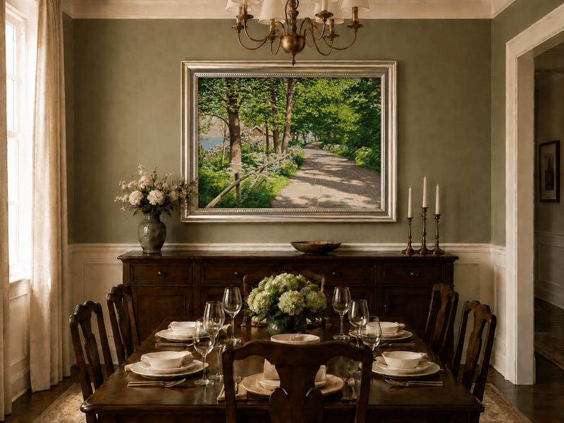 Landscape Oil Painting - Sunlit Tree-Lined Path by the Lake