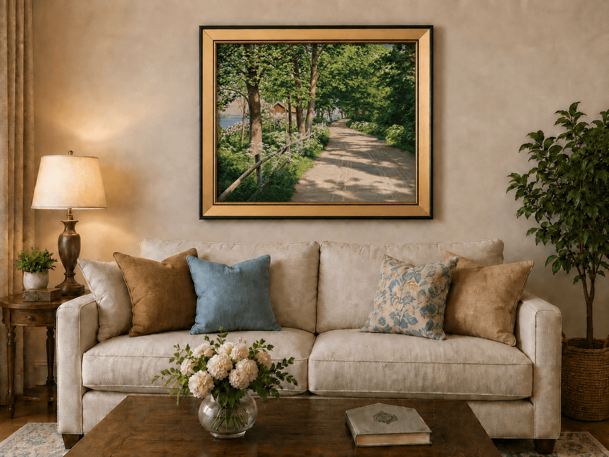 Landscape Oil Painting - Sunlit Tree-Lined Path by the Lake