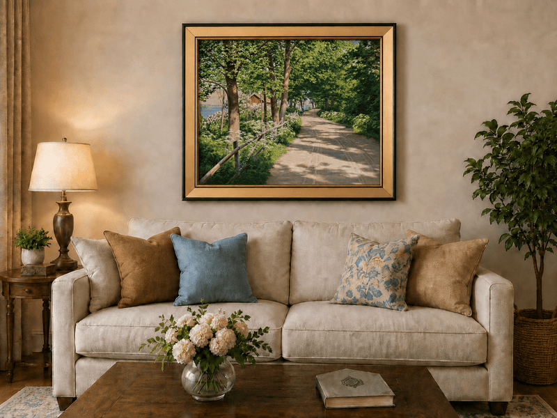 Landscape Oil Painting - Sunlit Tree-Lined Path by the Lake
