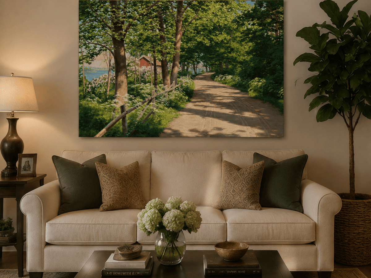 Landscape Oil Painting - Sunlit Tree-Lined Path by the Lake