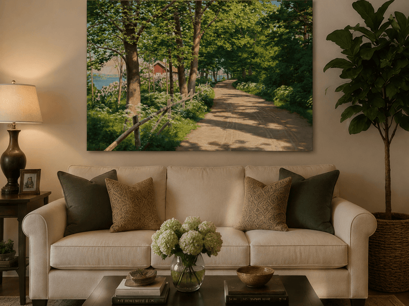 Landscape Oil Painting - Sunlit Tree-Lined Path by the Lake